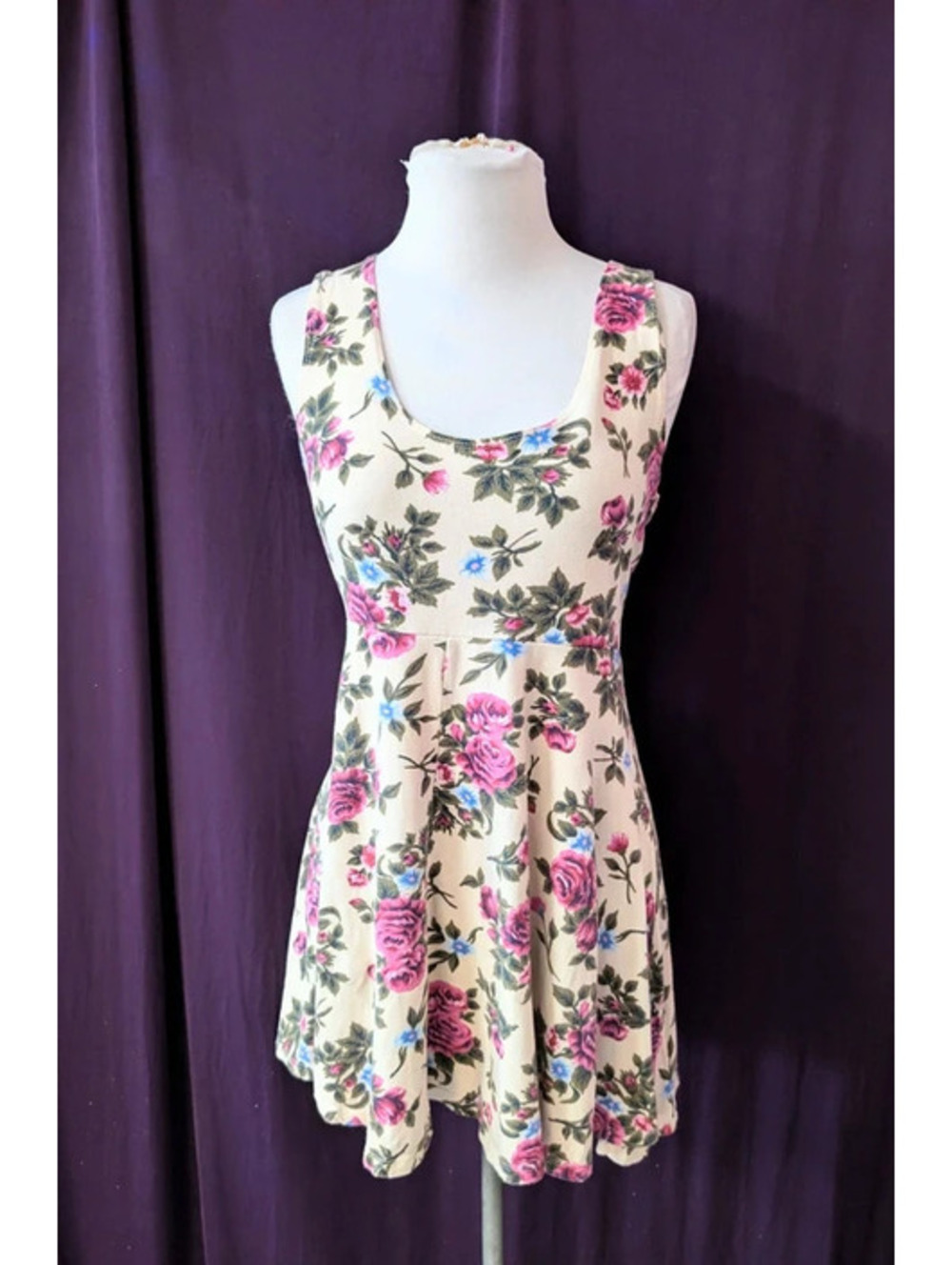 Stretchy Cream Pink Rose Print Skater Dress L